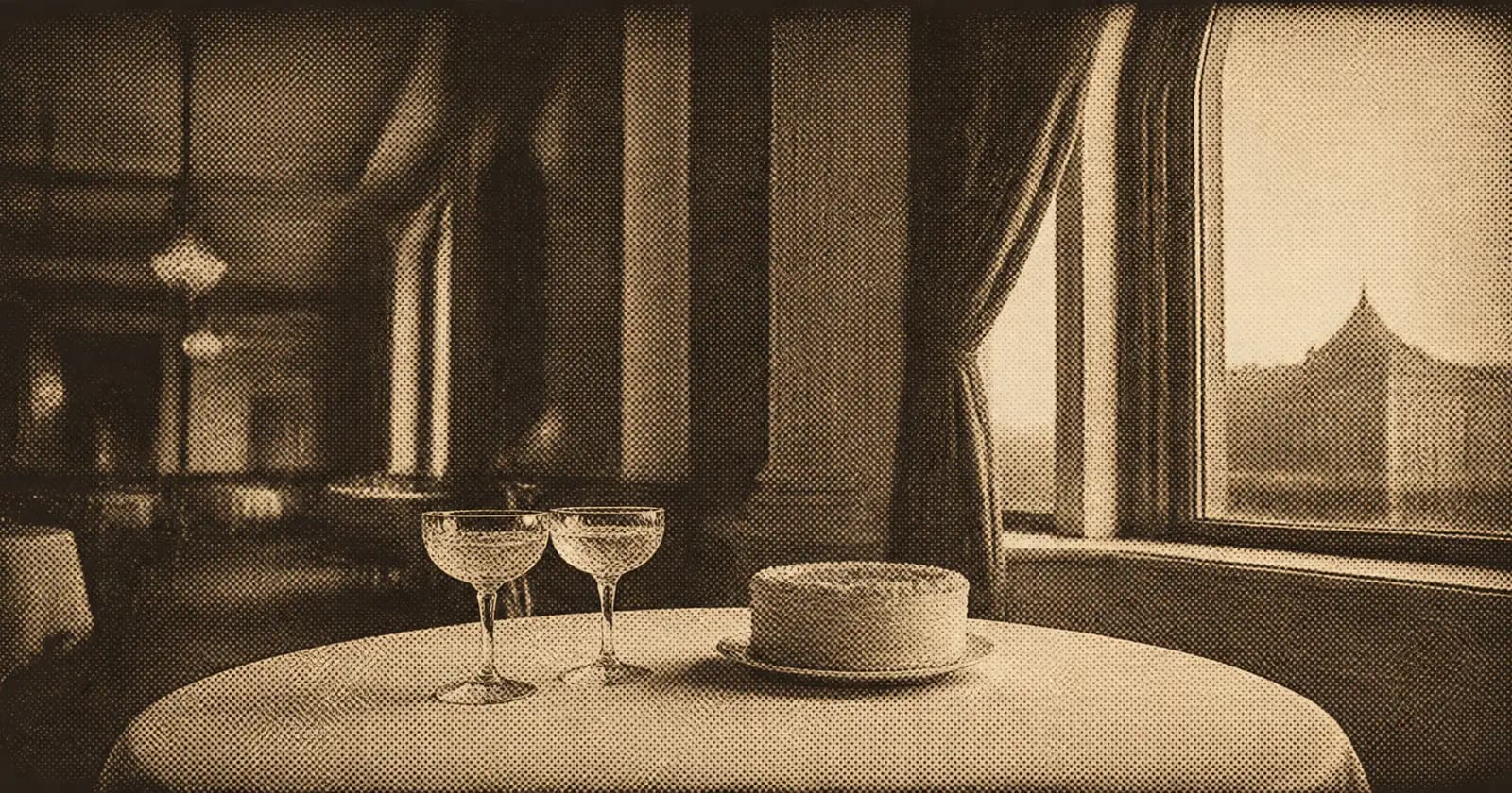 Halftone print of two coupe glasses and a small cake on a linen-covered table beside a tall window.