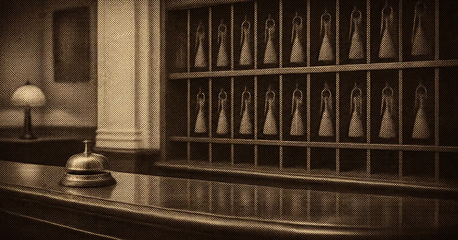 Halftone print of room keys in wooden pigeonholes behind a hotel reception desk, with a brass service bell.