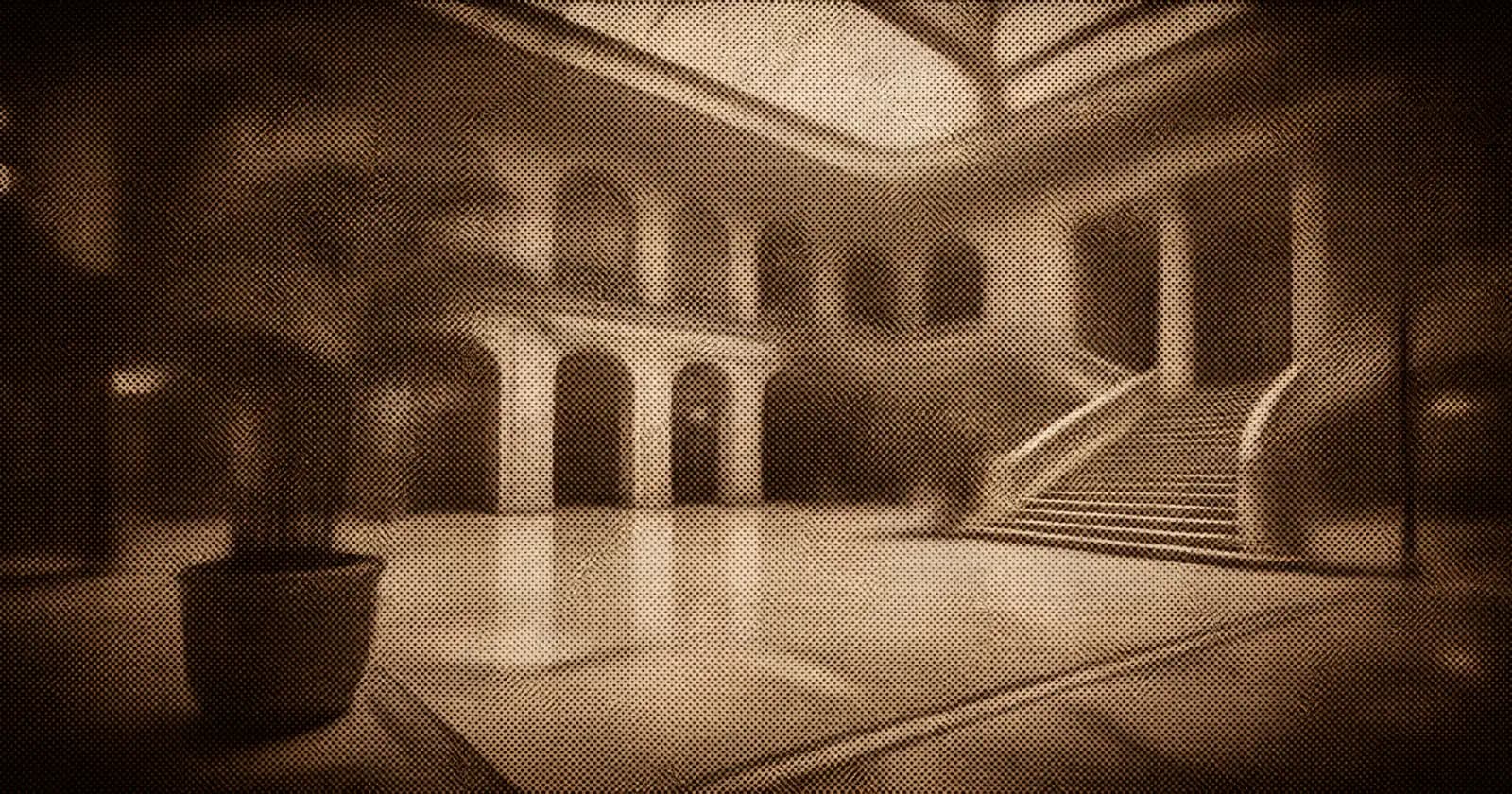 Halftone print of an empty grand hotel lobby with a sweeping staircase and a potted palm.
